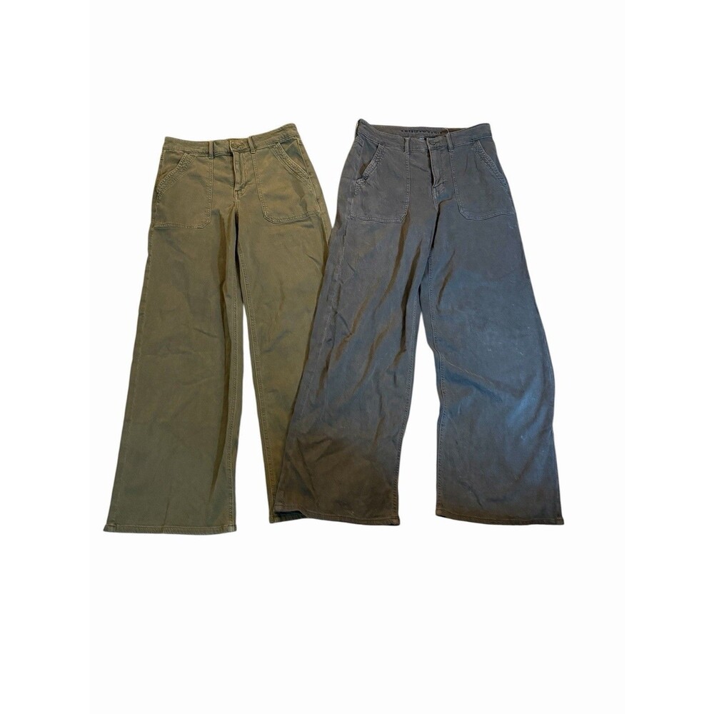 American Eagle Pant Womens 6 Reg Black Super High Rise Baggy Wide Leg Green Grey